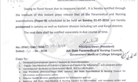 Postponement of all Paramedical and Nursing Examinations Paper B Scheduled to be held on 1st July 2018