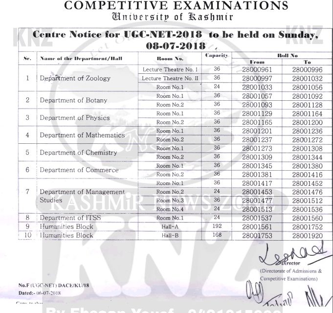 KU: Centre Notice for UGC-NET-2018 to be held on Sunday 08-07-2018