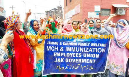Family welfare department protests at Press Colony Srinagar. 