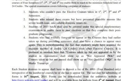 KU: Special Supplementary Exam is to be conducted for the PG Students of 2016 Batch for all GE/OE  courses of Four Semesters (1st, 2nd , 3rd and 4th )
