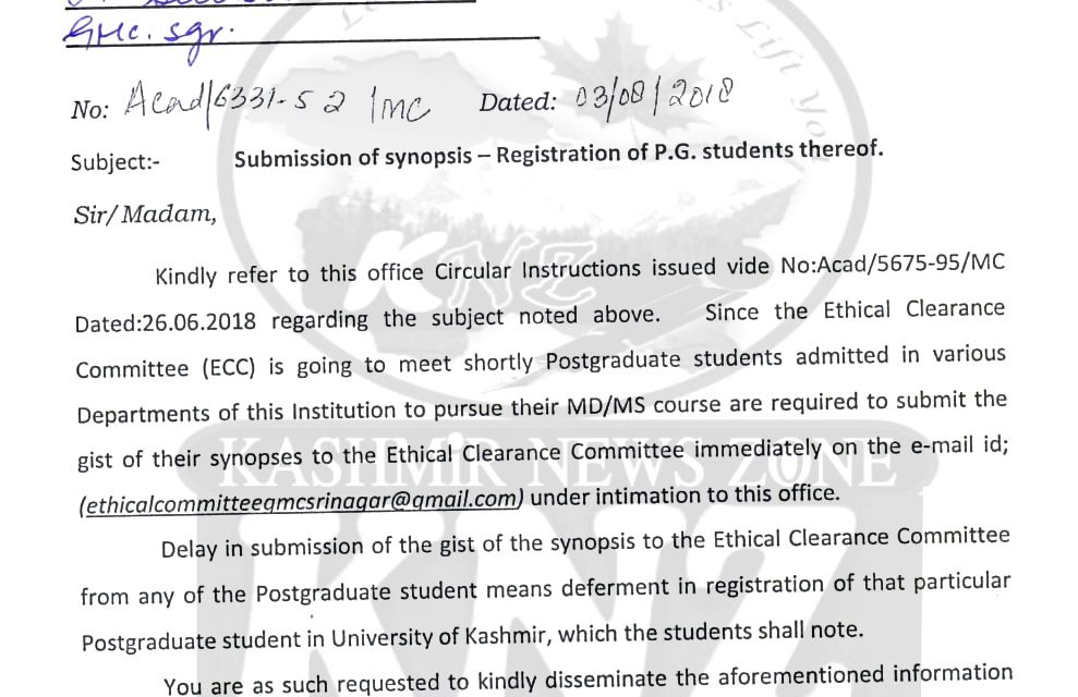 GMC, Srinagar: Submission of synopsis-Registration of PG Students thereof. 