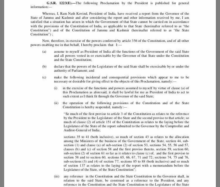 Proclamation issued, president’s rule imposed in J&K