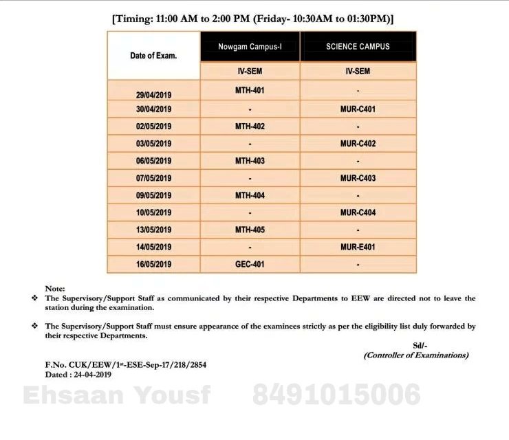 Central University of Kashmir Date Sheet for 4th ESE of UG/PG Programmes Admitted through CUKAT 2017/18.