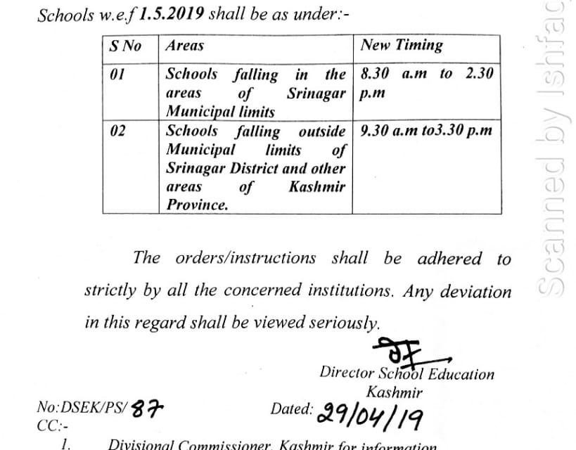 DSEK orders change in school timing from May 01