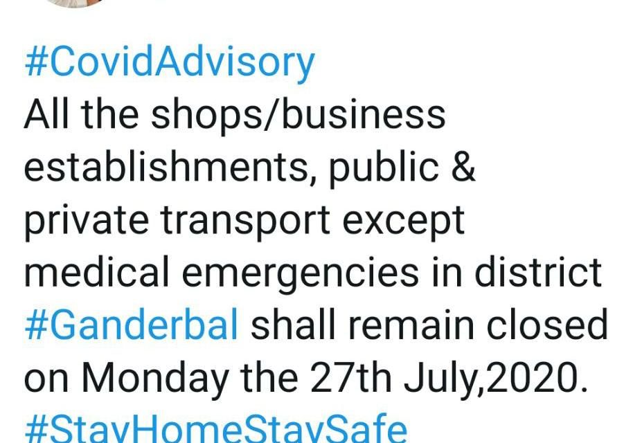 Lockdown continues in Ganderbal today 27 July:DC Ganderbal