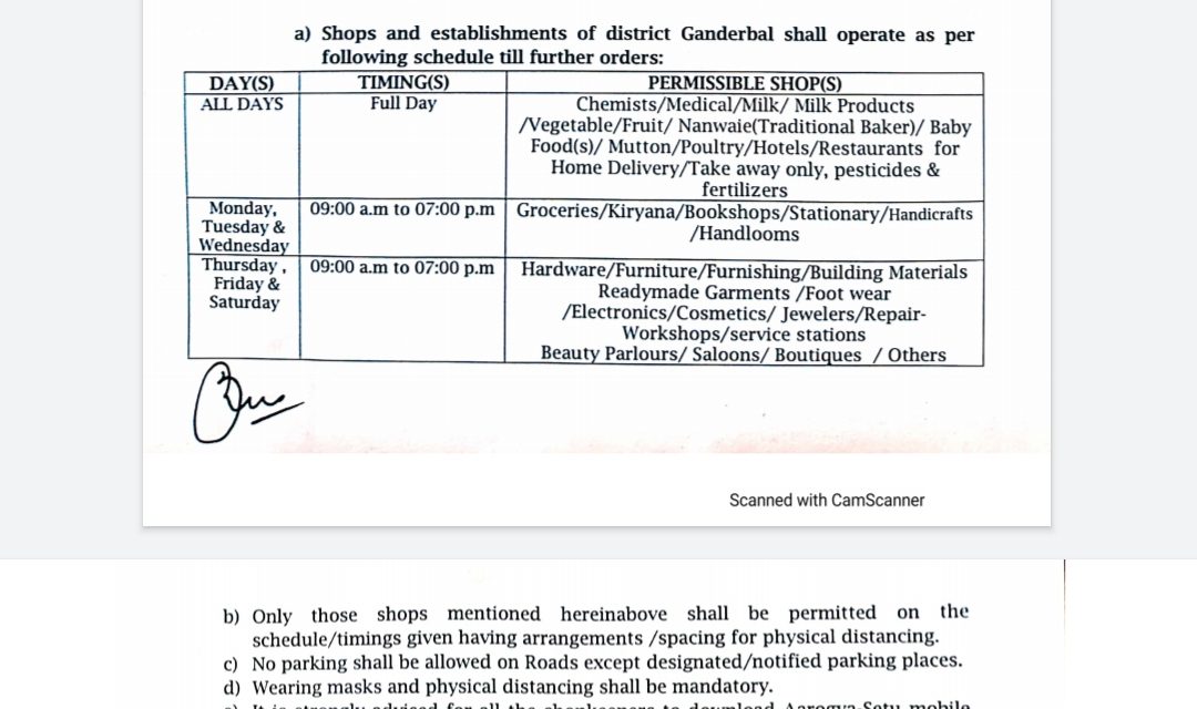 Schedule notified for operating of shops,establishments in Ganderbal