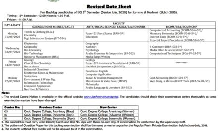KU: Revised Date Sheet for Backlog candidates of BG 5th & 6th Semester (Session July, 2020) for Jammu & Kashmir (Batch 2015)