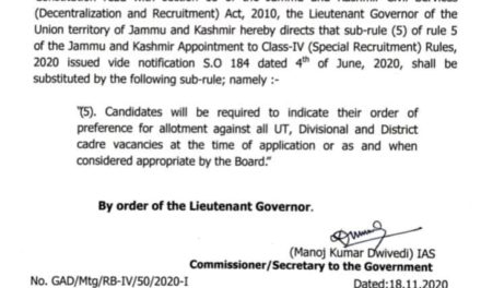 Govt substitutes sub rule (5) of rule 5 of J&K Appointment to Class IV (Special Recruitment) Rules, 2020