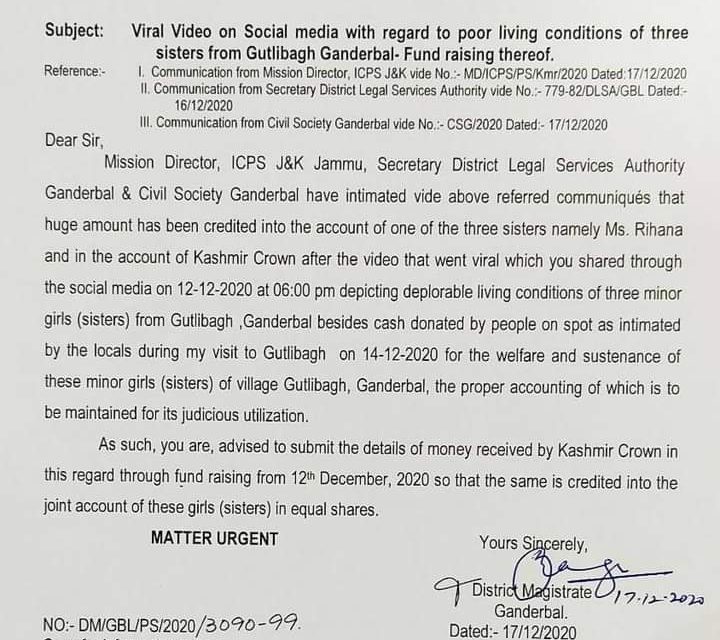 Viral video of three sisters from Ganderbal,DC seek amount details received by Kashmir Crown