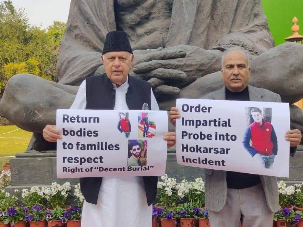 Hokersar Encounter: NC MPs Dr Farooq, Hasnain Masoodi stage silent protest outside Parliament, demand impartial probe