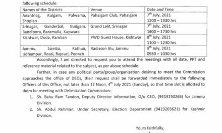 Delimitation Commission to interact with DEOs, political parties at 4 venues in J&K