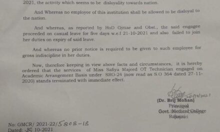 OT technician in GMC Rajouri terminated for ‘celebrating’ Pak victory against India in T20 WC