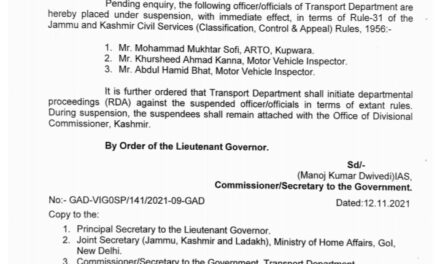 ARTO Kupwara among 3 officers suspended