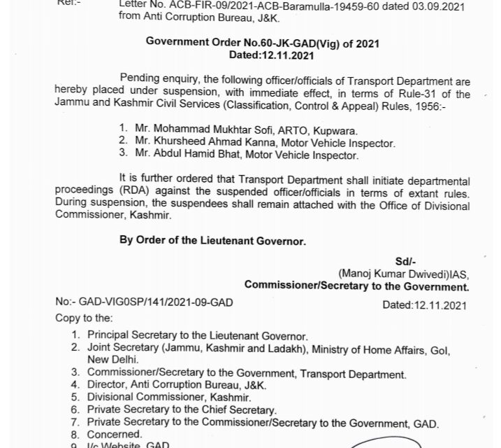 ARTO Kupwara among 3 officers suspended