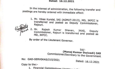 Vikas Kundal Posted DC Rajouri, RK Shavan As MD JKPCC
