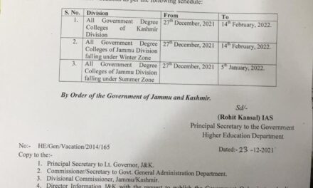 Winter vacations for Govt Degree Colleges across J&K from Dec 27