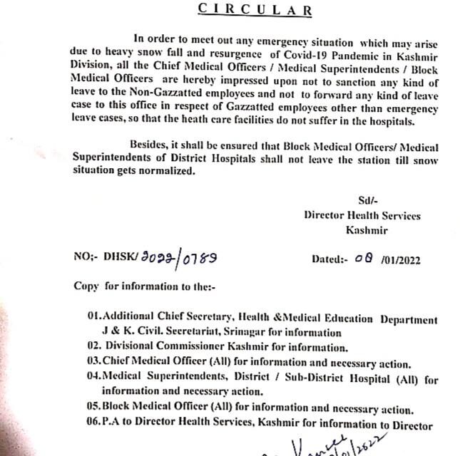 Spurt In Covid-19 Cases: DSHK Orders No Leave To Health Staff In Valley Save For Exigency