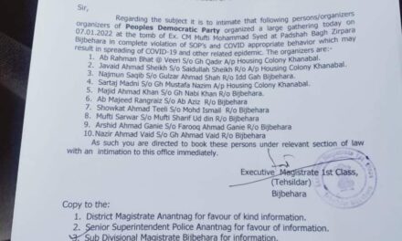 Former MoS Home among ten PDP workers booked for violating CAB on Mufti Sayeed’s death anniversary in Bijbehara