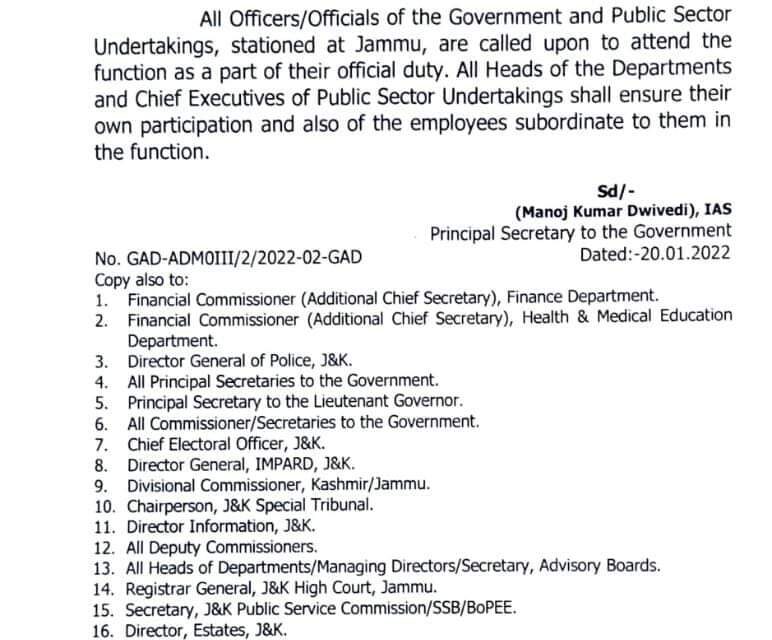 Govt Asks Officers, Officials Stationed In Jammu To Attend R-Day Function