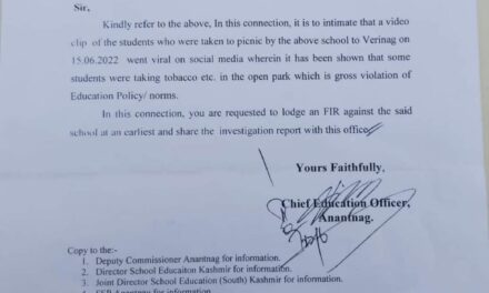 CEO Anantnag Seeks FIR Against School As ‘Students’ Shown Taking Tobacco In Now Viral Video-clip