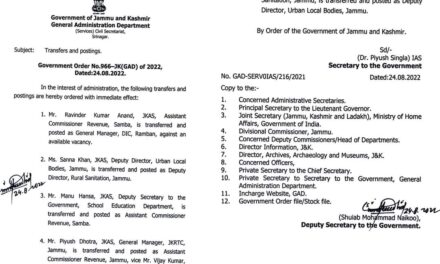 Govt orders transfer of 5 JKAS Officers