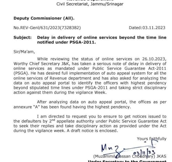 Revenue department cracks whip over delay in online services in J&K