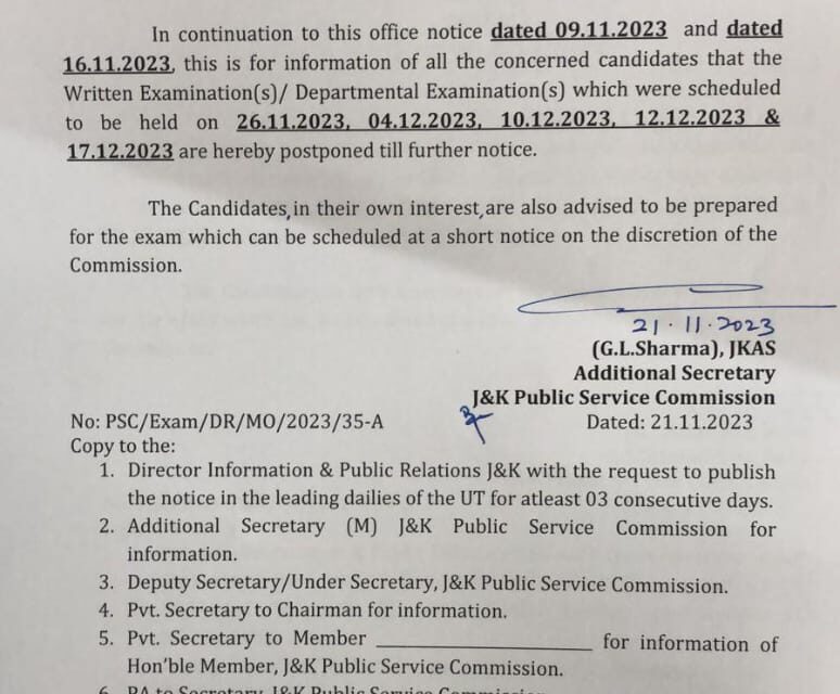 JKPSC Postpones Several Exams Scheduled in November, December