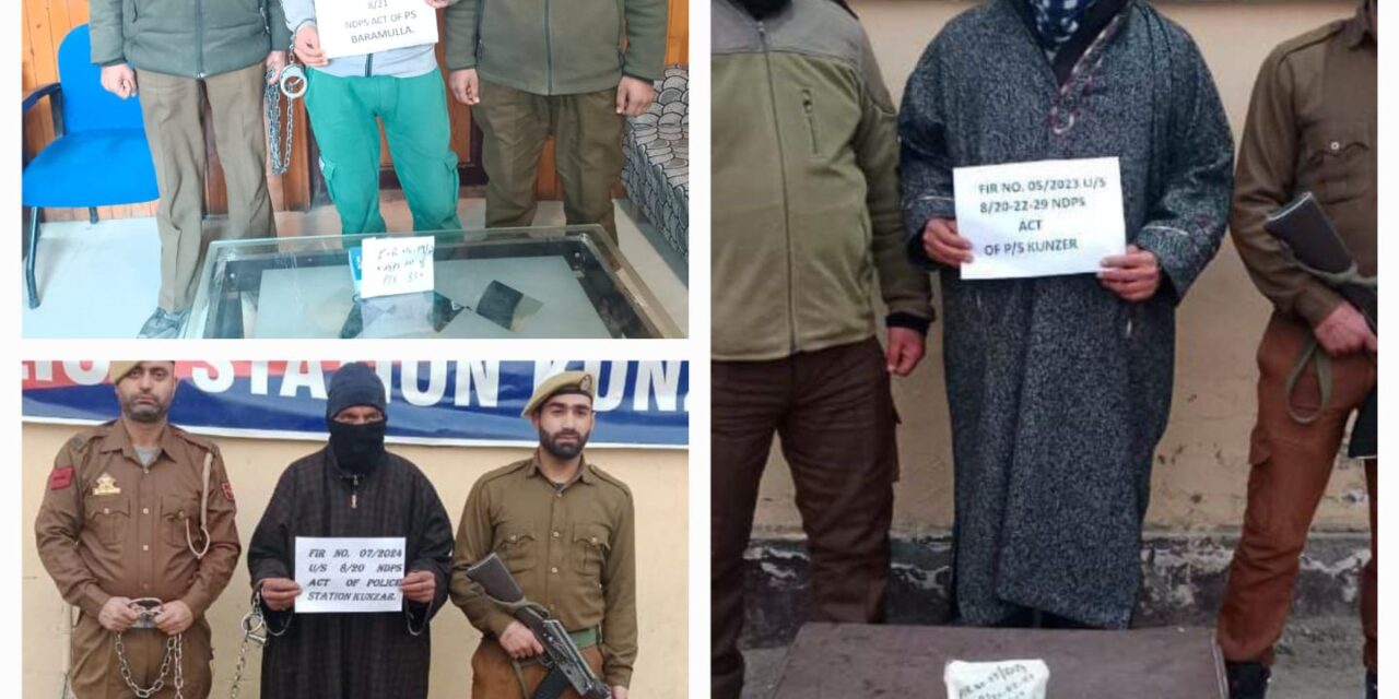 Police arrests 3 drug peddlers in Baramulla; Contraband substances recovered