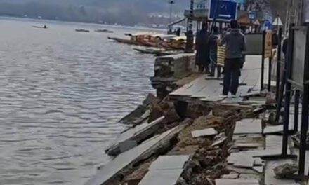 Portion of pathway caves in on Boulevard Road in Srinagar